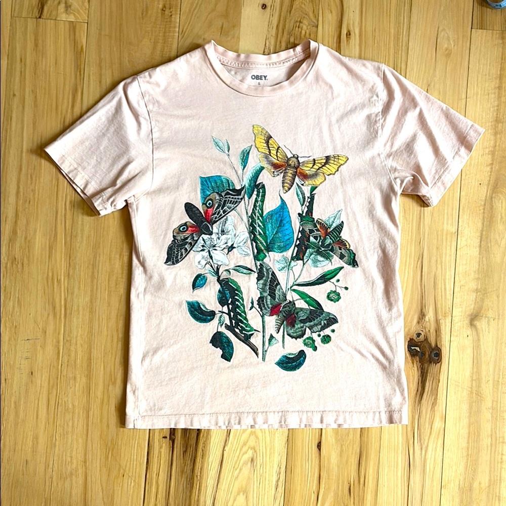 Obey T-Shirt - Light Pink with Butterfly Design
